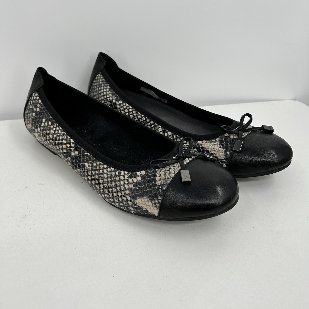 Vionic Womens Minna Ballet Bow Flat Size 10 Snake Print Comfort Slip On Black